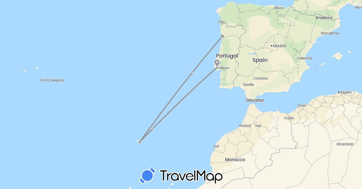TravelMap itinerary: plane, train in Portugal (Europe)